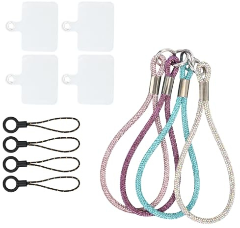 BOXOB 4pz Braccialetto Telefono con Rhinestone, Bling Lanyard Cellulare Anti-Smarrimento Portabrachettino Telefono con Linguetta Anello Metallo & Cordino Corto per Donna Chiavi Borsetta (4 Colori)
