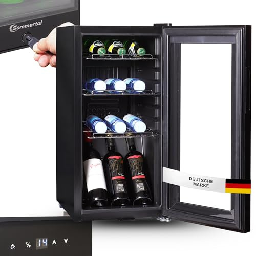 Sommertal Kühlschrank mit Glastür GK50– Leiser Getränkekühlschrank mit LED, Touchscreen & Schloss kleiner Flaschenkühlschrank schwarz 50L