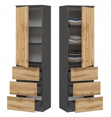 BDW – Armadio con cassetti – 3 cassetti e ripiani – Mobile contenitore di 50 cm L 180,5 cm H e 40 cm P – Cabina armadio per camera da letto adulti o camera da letto bambini – Grafite/Rovere Wotan