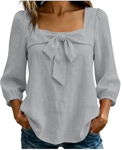 Chemise Femme Chic et Élégant Manches 3/4 d'été Ample Coton Chemisier Col Carre Nœud Papillon Chemisier Tunique Tops Casual Grande Taille Couleur Unie LâChe Respirant Blouse