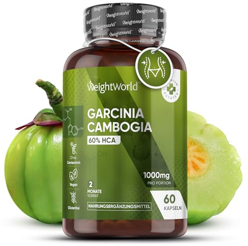 Garcinia Cambogia Fruchtextrakt - 1000mg pro Kapsel - 60% Hydroxycitronensäure - 2 Monate Vorrat - 60 vegane Kapseln - Glutenfrei - Pure Garcinia Malabar Tamarind von WeightWorld