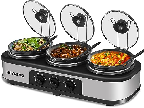 Triple Slow Cooker, 3 × 1.5 QT Buffet Server e scaldavivande, 3 pentole Buffet pentola a cottura lenta regolabile temperatura coperchio poggia coperchio in acciaio inox manuale argento per feste