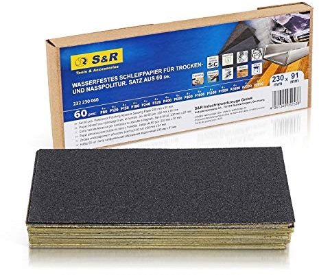 S&R Papel de Lija de Agua para Coches Madera Metales Porcelanico. Papel Impermable 60 pzas - Grano : 80/120/ 150/180/ 240/320/ 400/600/ 800/1000/ 1200/1500/ 2000/2500/ 3000