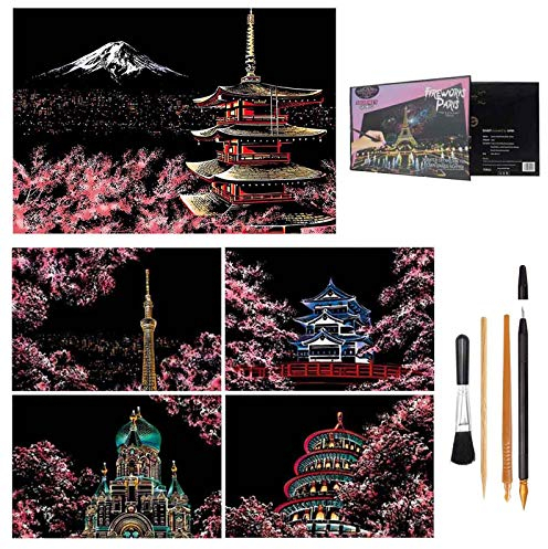 Kratzkunst für Erwachsene,Kratzbilder,Regenbogen-Malerei,Skizze,Kratzbrett-Kunst für Erwachsene und Kinder,DIY Kunst Zeichnung City Night View Schwarz Beschichtet Bunte Kratzpapier mit 4 Werkzeugen