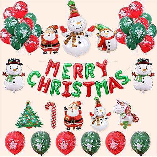 KAHEIGN 50 Pz Kit Decorazione Palloncini Natalizi, Buon Natale Banner, 10 Pezzi Babbo Natale Pupazzo Di Neve Palloncino Foil, 26 Pz Verde Rosso Palloncini Ad Arco