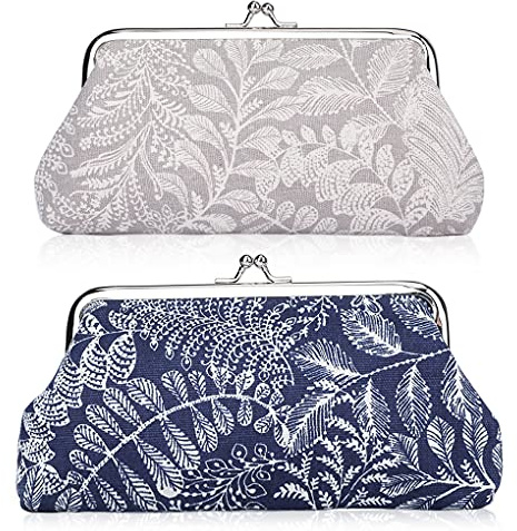 Oyachic 2 Packs Grand Porte-Monnaie Kiss Lock Coin Purse Feuille Pochette Vintage Pochette Longue Porte-Monnaie Femmes Portefeuille Fermoir clic-clac (Dunkelblau + Braun)