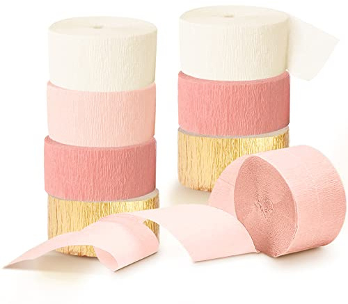 AOBKIAT Wedding Party Decorations, 8 Rolls Pink Gold Crepe Paper Streamers for Wedding, Bachelorette, Birthday, Baby Bridal Shower, Valentines Day Party Backdrop Decorations, 82ft Long