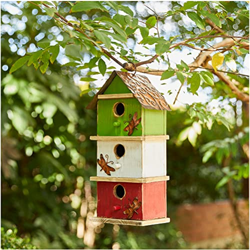 Glitzhome Bird Houses for Outside, 13.75 H Multicolored Three-Tiered Distressed Solid Wood Birdhouse Garden Hanging Bird House for Outdoors