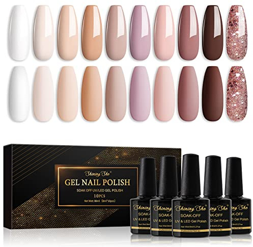 Shining She Vernis Semi Permanent, 10 Couleurs Blanc Naturel Nudee Rose Champagne Brun Paillettes Or Gel UV Semi Permanent Soak Off UV/LED Vernis à Ongles Pour Salon De Manucure DIY Home, 8ml