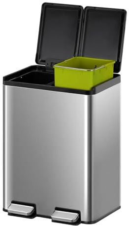 EKO Cubo de Basura Cocina 20L + 20L 2 Compartimentos Esencial | Papelera Reciclaje Acero Inoxidable con Pedal, Cierre Suave | Diseño Compacto y Funcional para Cocina Moderna