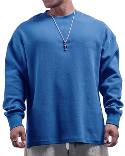 Herr basic långärmad våffeltröja lös passform träning pullover rund hals skjorta, Ct2311 Blå, XL
