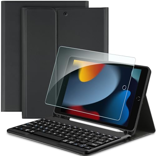 EasyAcc Funda con Teclado para iPad 9a Generación con Película Protectora [Español], Bluetooth Desmontable Teclado con Portalápices para iPad 9ª Gen 2021/8ª Gen 2020/7ª Gen 2019 (10.2 Pulgadas) Negro