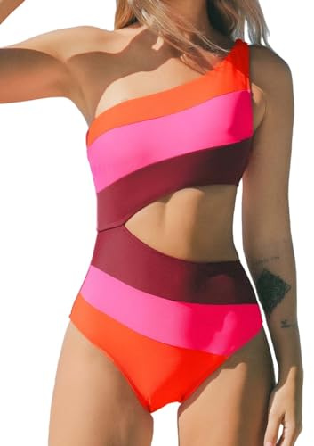 CUPSHE Women's One Piece Swimsuit One Shoulder Bathing Suit Cutout Color Block Swimwear M