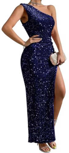 shownicer Robe de Cocktail Femme Elégante Col en V Longue Party Dress Robe Femme Robe De Cocktail Tulle à Paillettes A-Line Robe de Soirée A Bleu Foncé XS