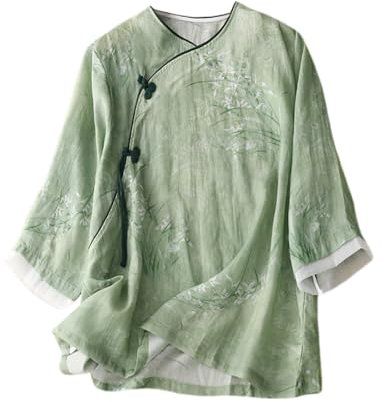 YM YOUMU Damen-Sommer-Bluse mit 3/4-Ärmeln, traditioneller Mandarinenkragen, ethnisch, Baumwolle, Leinen, Qipao-Hemd, E025 Hellgrün, Groß
