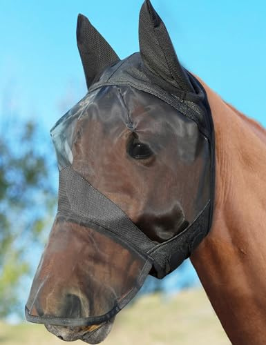 HackFond Horse Fly Mask with Long Nose and Ears, Full Face UV Protection for Horses, Smooth Fine Mesh Equine Fly Mask, M - Cob