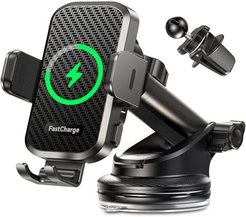 CHGeek Car Phone Holder Wireless Charger, Wireless Charger Car Holder with 15W Fast Charging for Dashboard Windshield Air Vent, for iPhone, Samsung Galaxy etc Black
