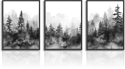 Dazzlewall Misty fürest Mountain Kunstdrucke Poster Schwarz Weiß Wald Landschaft Wandbilder für Schlafzimmer Wohnzimmer Dekor 30X40 cm Ohne Rahmen 3er Set