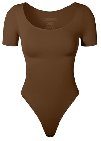 KSKshape kortärmad bodysuit för kvinnor magkontroll rund hals formkläder bodysuit t-shirt topp, Brun, XXL