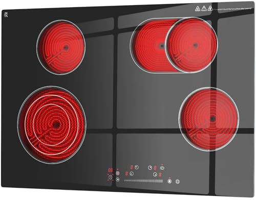 Zarbaco Estufa eléctrica de 30 pulgadas, 4 quemadores, 7200 W, estufa eléctrica integrada con sensor táctil, estufa de cerámica eléctrica radiante con bloqueo de seguridad, 9 niveles de potencia,