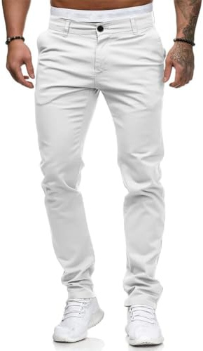 Osheoiso Hommes Chino Couleur Unie Chic Eté Décontracté Coupe Ajustée Streetwear Moulants Jeans Trekking Cargo Extensible A Blanc L