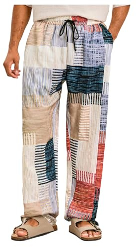GORGLITTER Men's Patchwork Linen Pants Casual Drawstring Elastic Waist Wide Leg Summer Vacation Beach Pants Multicolor X-Large
