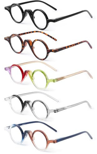 JM Lot de 5 ronde Lunettes de Lecture Homme Femme, Blocage de la Lumiere Bleue Monture Lunettes de Vue Lunettes Loupe Charnières à ressort + 2.00
