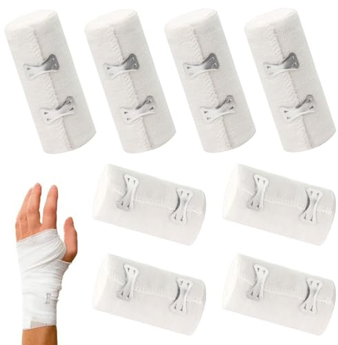8 st elastiskt bandage, vita kompressionsbindor med metallklämmor, elastiskt bandage (7,5 cm/10 cm x 4,5 m), återanvändbart bandage, elastiskt medicinskt fixeringsbandage för handleder knä fotled