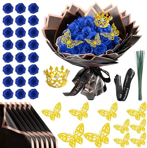 Bouquet di rose artificiali, per San Valentino, 24 pezzi, bouquet di rose artificiali, fai da te, con corona per regali, matrimonio, anniversario, fidanzamento, compleanno, festa della mamma (blu