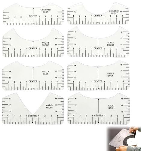 Juego de 8 reglas de alineación para camisetas, plantillas transparentes de acrílico para centrar estampados, guías para cuello redondo y cuello en V, adecuadas para camisetas de adulto, jóvenes y pro