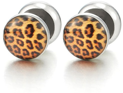 10MM Damen Kreis Ohrstecker Ohrringe mit Leoparddruck Muster, Fake Plugs Ohr Cheater Tunnel Gauges Edelstahl