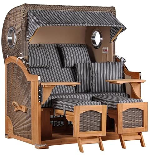 MR. DEKO® Strandkorb Düne Grande XL 2,5-Sitzer Teak | PE Geflecht Grey - Dessin 500 | Volllieger Strandstuhl mit Bullauge inkl. 2 Fußablagen | je 2 Kissen und Nackenkissen | Strandkörbe aus Teakholz