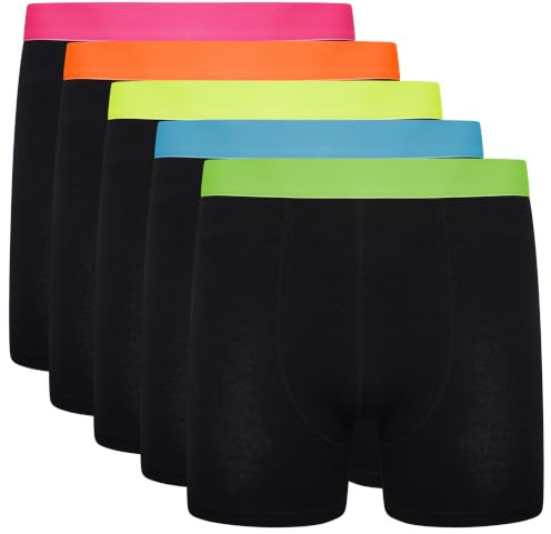 Sock Stack Pack of 5 Boxers for Men Tag Free Organic Cotton Breathable Soft and Stretchy Mens Underwear Multipack Moisture Wicking, Large Black/Neon