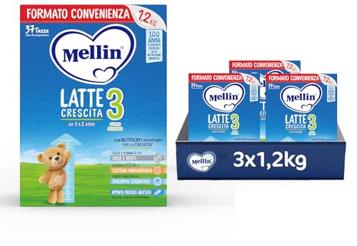 MELLIN 3 - Latte di Crescita in Polvere per Bambini - dal 1° anno compiuto al 2° anno, Gusto Delicato - Confezione da 3600 grammi (3 x 1200g)