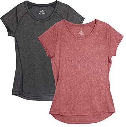 icyzone Dam fitness sport t-shirt kortärmad löpartröja gym träning funktion skjorta, 2-pack, Svart/vinröd, L