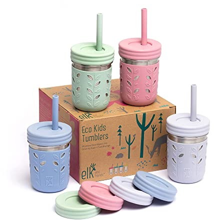 Elk and Friends 10oz Stainless Steel Kids + Toddler Drinking Cups | The Original Mason Jars with Lids + Sleeves + Straws | Smoothie Cups | Spill Resistant | Dishwasher Safe | 4 Pack