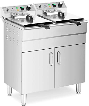 Royal Catering Doppel-Elektro-Fritteuse mit Unterschrank 2 x 16 l (2 x 10 l Öl) 10 000 W 400 V Ablasshahn Kaltzone Gastro-Fritteuse