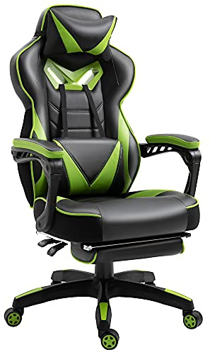 Vinsetto Chaise Gaming Ergonomique, Fauteuil de Bureau Confortable avec Repose-Pied, Appuie-Tête et Coussin Lombaire, Hauteur Réglable, Noir et Vert