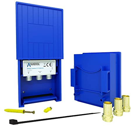 Anadol 2/1 DiseqC Schalter 2.0, Switch für Satellitenschüssel, für Empfang von 2 Satelliten für 1 Teilnehmer, Wetterschutzgehäuse, HDTV, LNB Umschalter + 3X FStecker + Kabelbinder + Dübel Schrauben