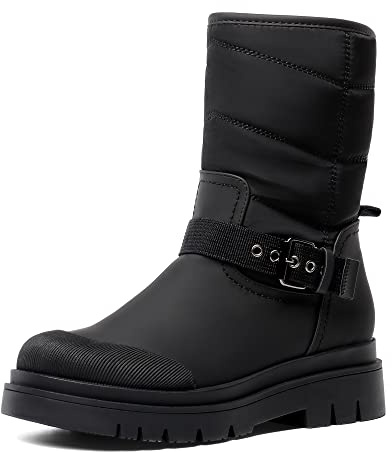 DREAM PAIRS Damen Schneestiefel Glattes PU Dicke Sohle mit Riemchenbesatz am RistOlivgrün,Size 36,Schwarz,SDSB2202W-E
