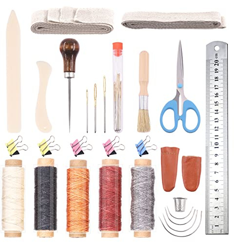Swpeet Kit per rilegatura, 23 pezzi, tra cui piegacarte in vero osso, punteruolo di carta, aghi a occhio largo, nastro per rilegatura, filo cerato, righello in acciaio, pennello per colla per