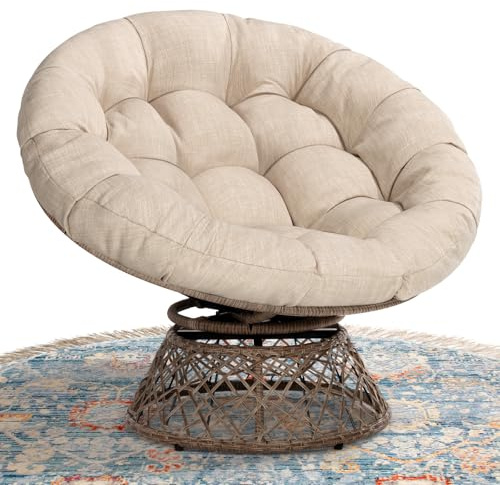 Bme 40 Ergonomic Wicker Papasan Chair with Soft Thick Density Fabric Cushion, High Capacity Steel Frame, 360 Degree Swivel for Living, Bedroom, Reading Room, Lounge, Sepia Sand - Brown Base