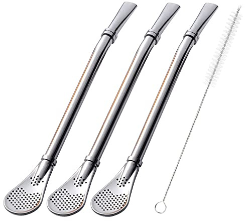 Paille bombilla yerba mate, lot de 3 pailles réutilisables colorées pour thé, café et cocktail en acier inoxydable incurvées, avec filtre à remous et cuillère de nettoyage de Beruth (argent)