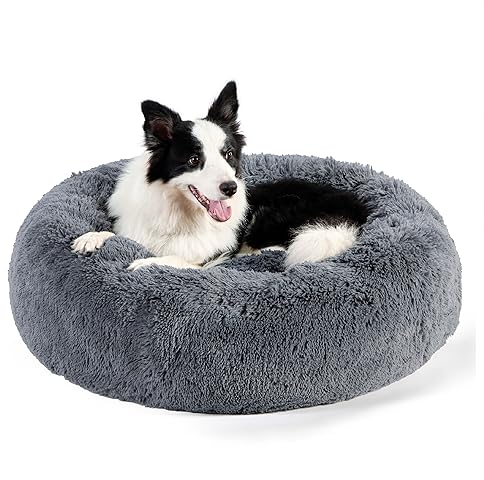 Bedsure Hundebett grosse Hunde donut - Ø 91 cm Hundekorb für große Hunde, plüsch Hundekissen rund Kuschelbett waschbar, dunkelgrau