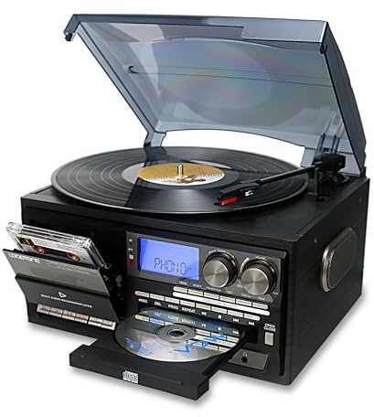 LoopTone Vinyl Record Player 10 in 1 3 Speed Bluetooth Vintage Turntable CD Cassette Player AM/FM Radio USB Recorder Aux-in RCA Line-Out (Black-Grey)