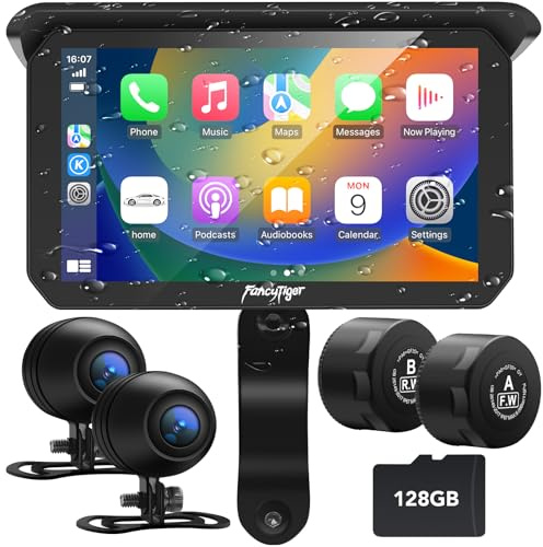 2026 FancyTiger Portable 5 Wireless Motorcycle Carplay (Inculed 128G SD Card) with Android Auto Screen, HD Waterproof Touch Screen, TPMS, GPS Navigation System, G-Sensor, Duble Dash Cam/Camera