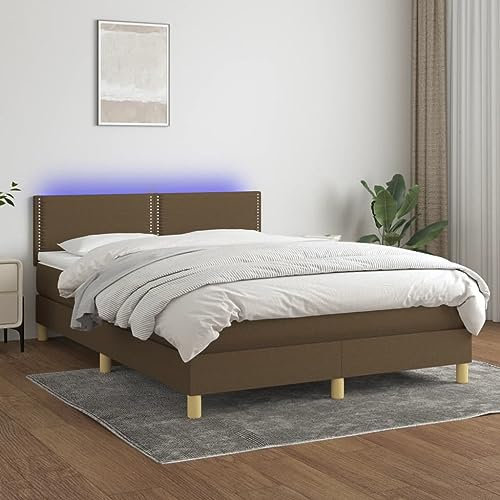 Willood Boxspringbett mit Matratze mit LED Bettgestell Bett Einzelbett Polsterbett Hotelbett Bettrahmen Lattenrost Schlafzimmerbett Dunkelbraun 140x200cm Stoff Flach mit Nägeln