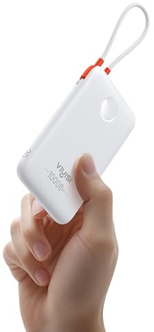 VIYISI Batería Externa 10000 Mah Ultrafino, QC 22,5w Power Bank Carga Rápida con Cable USB C Integrado PD 20W Compatible con iPhone 16 15 Samsung S24 S23 S22 - Blanco
