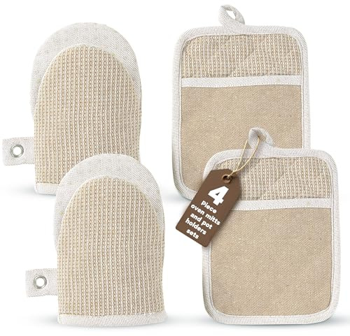 Casa Platino Mini Oven Mitts & Silicone Pot Holders, 4-Piece – Heat Resistant Gloves for Cooking & BBQ, Hot Pads for Kitchen – Withstands Up to 500°F, Non-Slip & Machine Washable – Beige