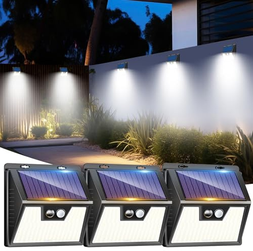 LOTMOS 3 Pack Solar Lights Outdoor Garden, 176 LED Security Lights Motion Sensor, 3 Modes Waterproof Solar Powered Wall Fence Lights for Outside Stair Garage Yard Frontdoor, Cool White